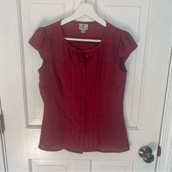 Worthington Multi-Media Raspberry Red Pleated Blouse, Petite Small - Picture 2 of 7
